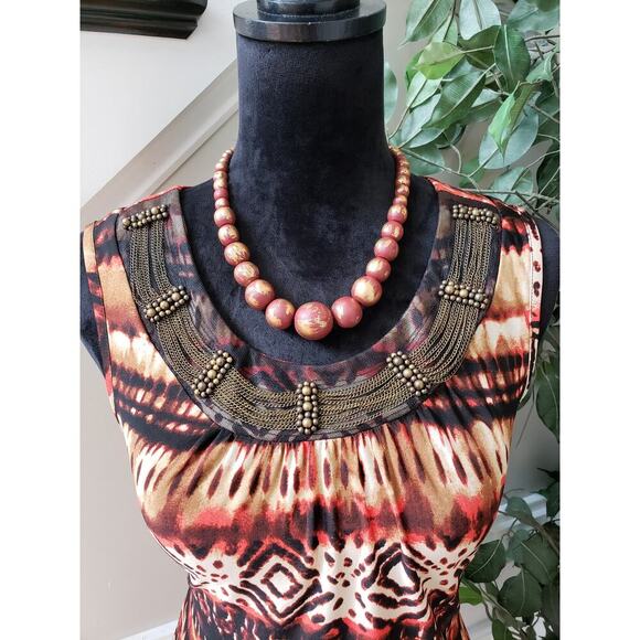 New Directions Top Blouse Women's PS Multi Geo Print Pearl & Jeweled Round Neck - Picture 3 of 11